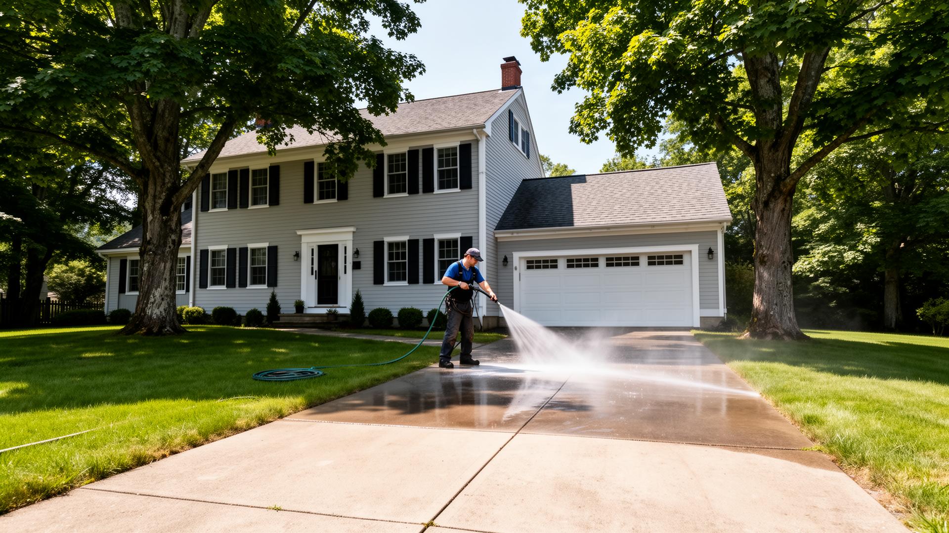Pressure washing a Leominster MA colonial home driveway